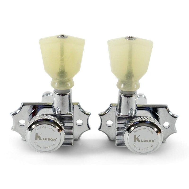 Kluson Revolution Diecast Tuners - 3 Per Side - Pearloid Keystone Button, Locking Chrome - Image 3